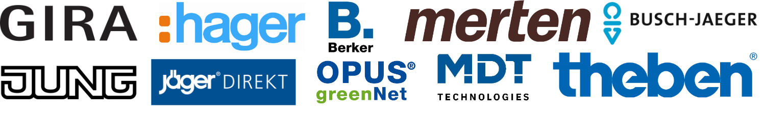 GIRA, Hager, Berker, Merten, Busch-Jaeger, Jung, Jäger Direkt, OPUS, MDT, Theben Logos