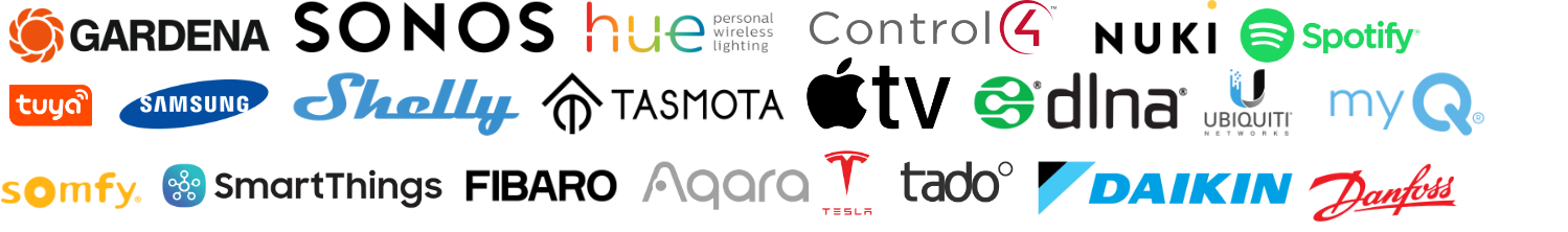 Tuya, Gardena, Zigbee, HomeKit, Google Home, Amazon Alexa, Cortana, Bixby, Almond, Snips Logos